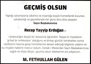 Fethullah Gülen Hocaefendi'den Başbakan Recep Tayyip Erdoğan’a geçmiş olsun mesajı