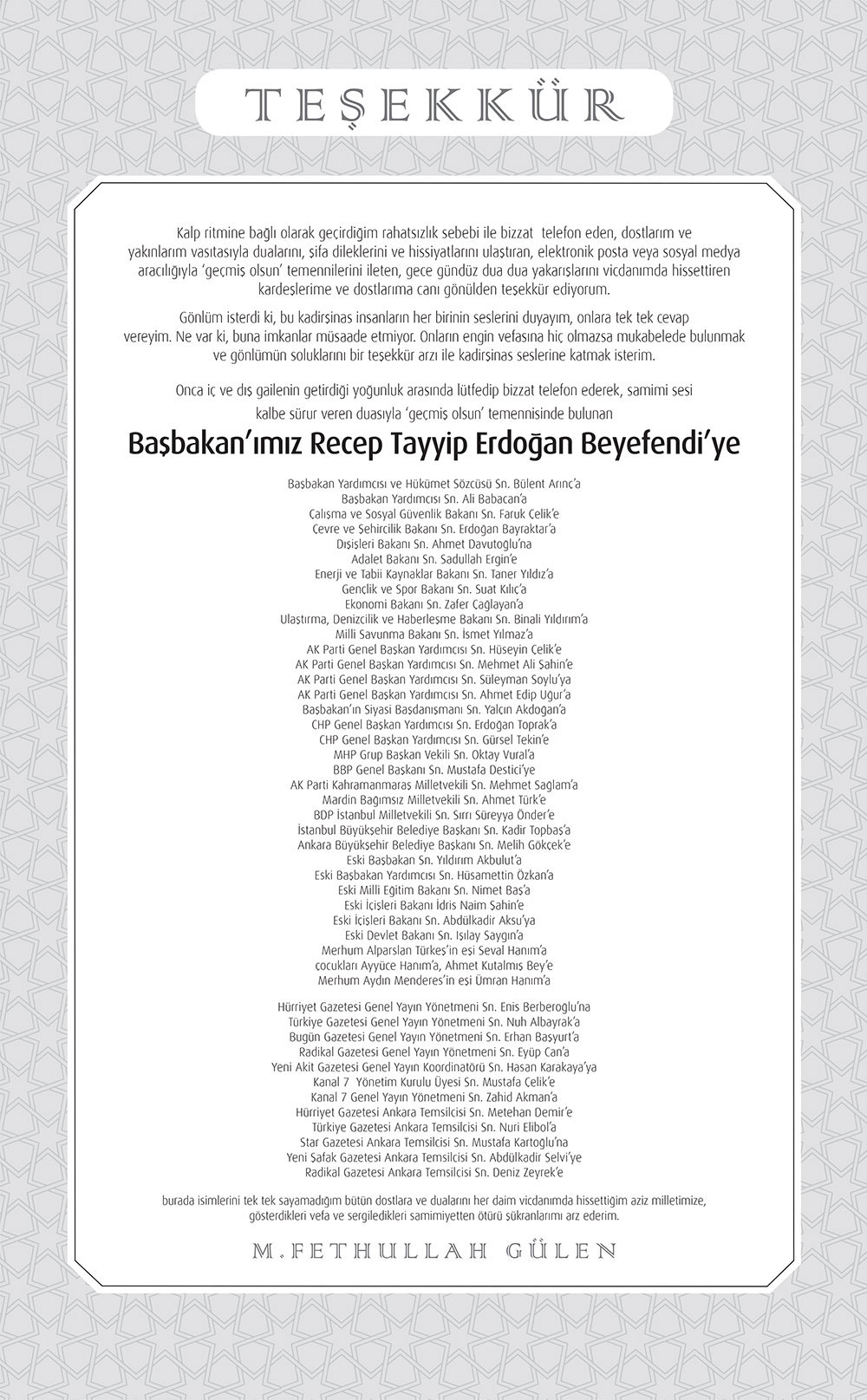 Hocaefendi'den 'geçmiş olsun' dileklerine teşekkür